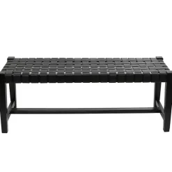 Online Kirklands Home Teak Wood and Leather Bench Black