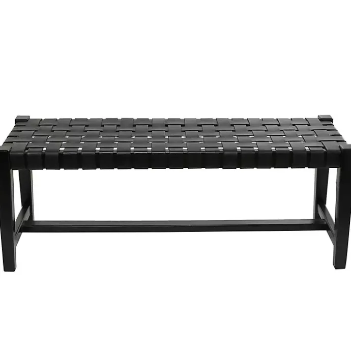 Online Kirklands Home Teak Wood and Leather Bench Black