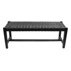 Online Kirklands Home Teak Wood and Leather Bench Black