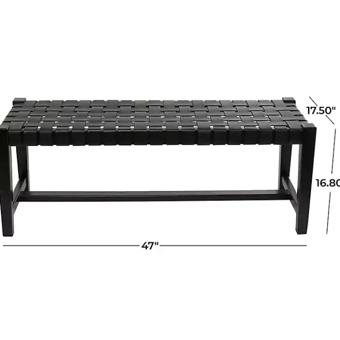 Online Kirklands Home Teak Wood and Leather Bench Black