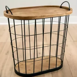 Sale Kirklands Home Wire and Natural Wood Basket Side Table Black