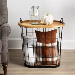 Sale Kirklands Home Wire and Natural Wood Basket Side Table Black