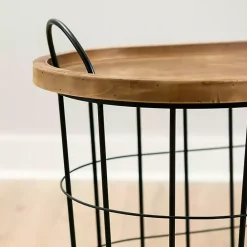 Sale Kirklands Home Wire and Natural Wood Basket Side Table Black