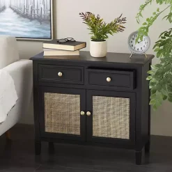 Outlet Kirklands Home Wood & Natural Rattan 2-Door Cabinet Black
