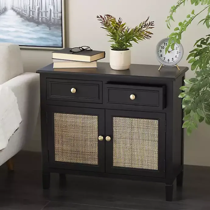 Outlet Kirklands Home Wood & Natural Rattan 2-Door Cabinet Black