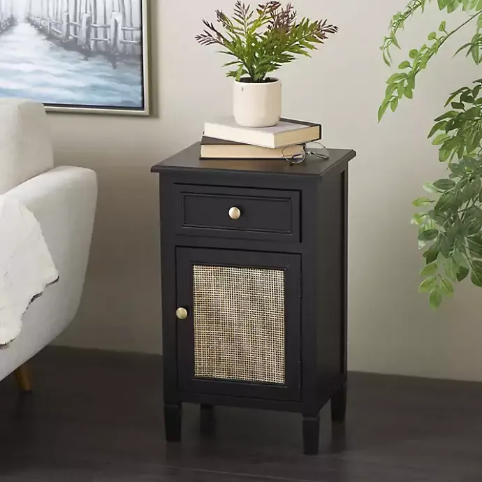 Outlet Kirklands Home Wood & Natural Rattan Small Cabinet Black