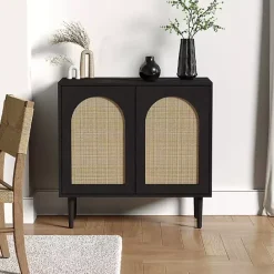 Clearance Kirklands Home Wood and Arched Rattan 2-Door Cabinet Black