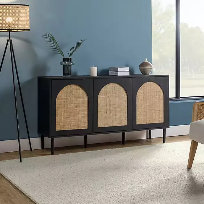 Best Kirklands Home Black Wood and Cane Arched Sideboard Cabinet