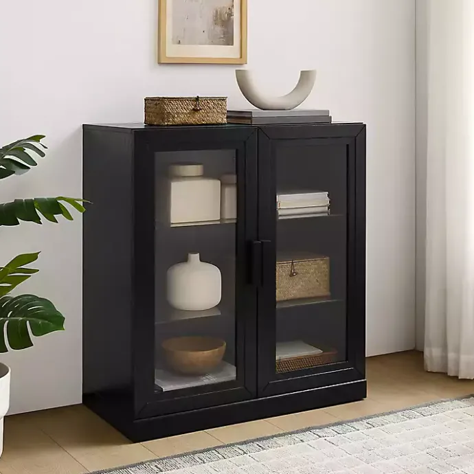 Kirklands Home Black Wood and Glass Stackable Storage Cabinet