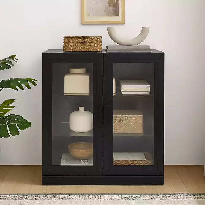 Kirklands Home Black Wood and Glass Stackable Storage Cabinet