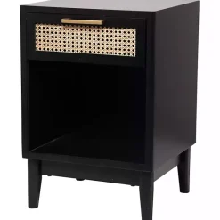 Outlet Kirklands Home Wood and Natural Rattan Drawer Nightstand Black