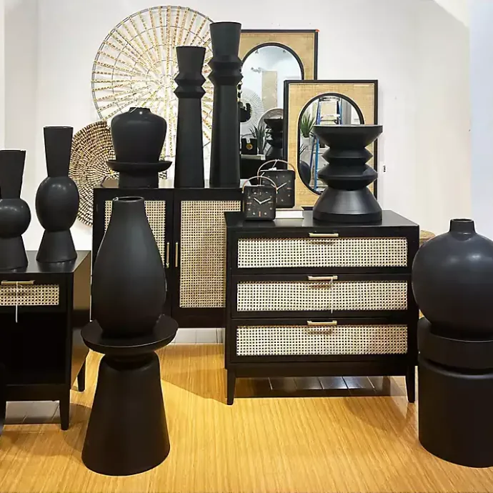 Outlet Kirklands Home Wood and Natural Rattan Drawer Nightstand Black