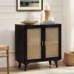 Sale Kirklands Home Wood and Rattan Carpinteria Cabinet Black