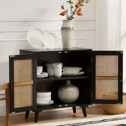 Sale Kirklands Home Wood and Rattan Carpinteria Cabinet Black