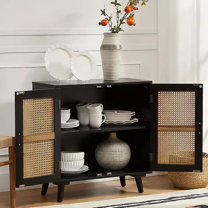 Sale Kirklands Home Wood and Rattan Carpinteria Cabinet Black