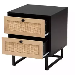 New Kirklands Home Wood and Rattan 2-Drawer Nightstand Black