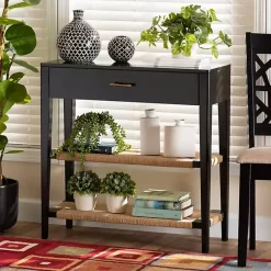 Best Kirklands Home Wood Woven Shelves Console Table Black