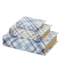 Kirklands Home Blue and Gray Plaid Book Boxes, Set of 3