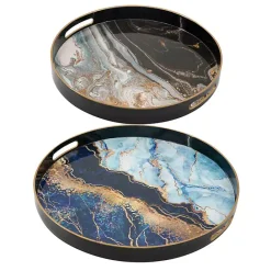 Discount Kirklands Home Blue and Gray Round Abstract Trays, Set of 2