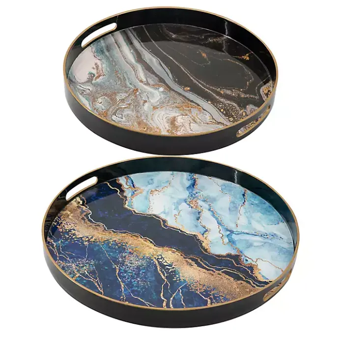 Discount Kirklands Home Blue and Gray Round Abstract Trays, Set of 2