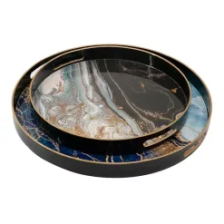Discount Kirklands Home Blue and Gray Round Abstract Trays, Set of 2