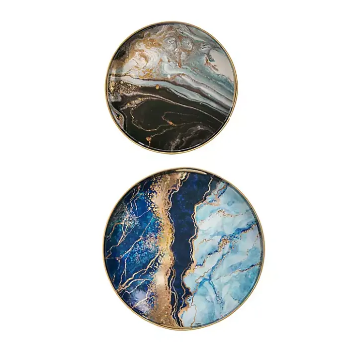 Discount Kirklands Home Blue and Gray Round Abstract Trays, Set of 2