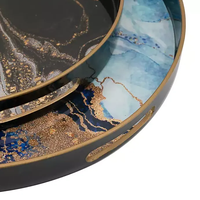 Discount Kirklands Home Blue and Gray Round Abstract Trays, Set of 2