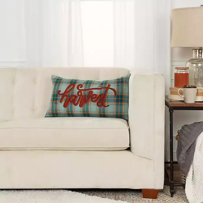 Sale Kirklands Home Blue and Orange Plaid Harvest Lumbar Pillow