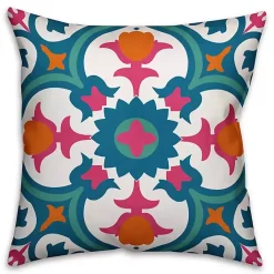Best Kirklands Home Blue and Pink Floral Tile Outdoor Pillow Multi