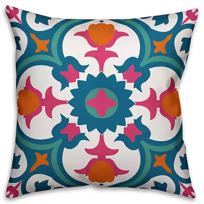 Best Kirklands Home Blue and Pink Floral Tile Outdoor Pillow Multi