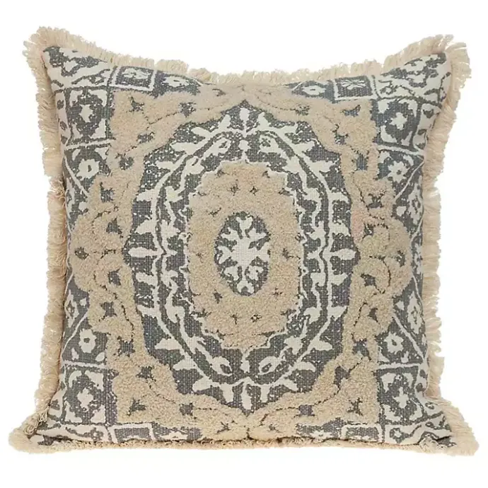 Outlet Kirklands Home Blue and Tan Medallion Fringe Pillow