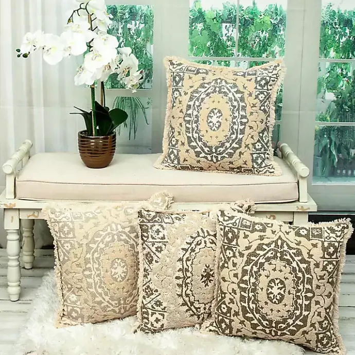 Outlet Kirklands Home Blue and Tan Medallion Fringe Pillow