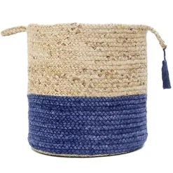 Outlet Kirklands Home Blue and Tan Woven Jute Basket with Tassel, 17 in.