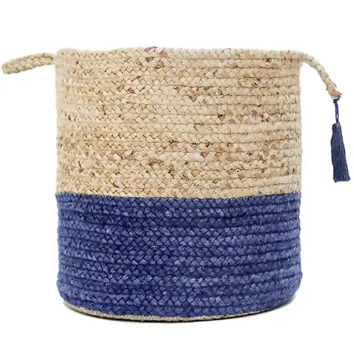 Outlet Kirklands Home Blue and Tan Woven Jute Basket with Tassel, 17 in.