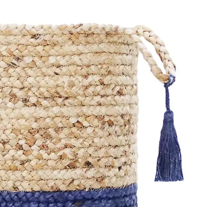 Outlet Kirklands Home Blue and Tan Woven Jute Basket with Tassel, 17 in.