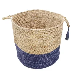 Outlet Kirklands Home Blue and Tan Woven Jute Basket with Tassel, 17 in.