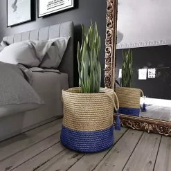 Outlet Kirklands Home Blue and Tan Woven Jute Basket with Tassel, 17 in.