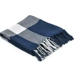 Clearance Kirklands Home Blue and White Plaid Organic Cotton Throw