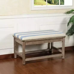 Online Kirklands Home Blue and White Striped Upholstered Wood Bench