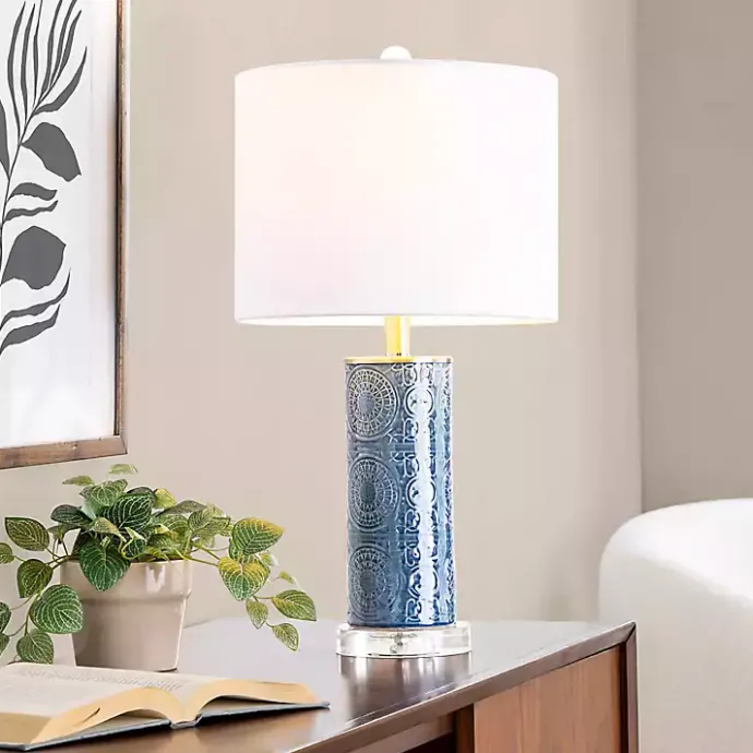Best Kirklands Home Blue Ceramic Embossed Spiro Table Lamp White