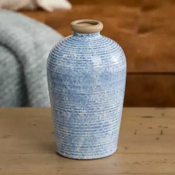New Kirklands Home Ceramic Textured Lines Vase, 9 in. Blue
