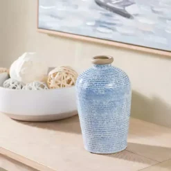New Kirklands Home Ceramic Textured Lines Vase, 9 in. Blue