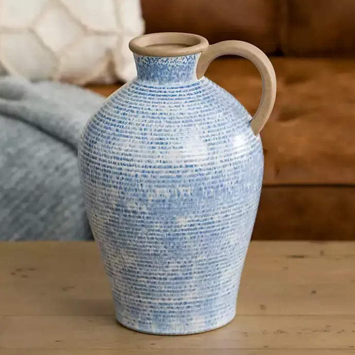 Outlet Kirklands Home Ceramic Textured Lines Vase, 12 in. Blue