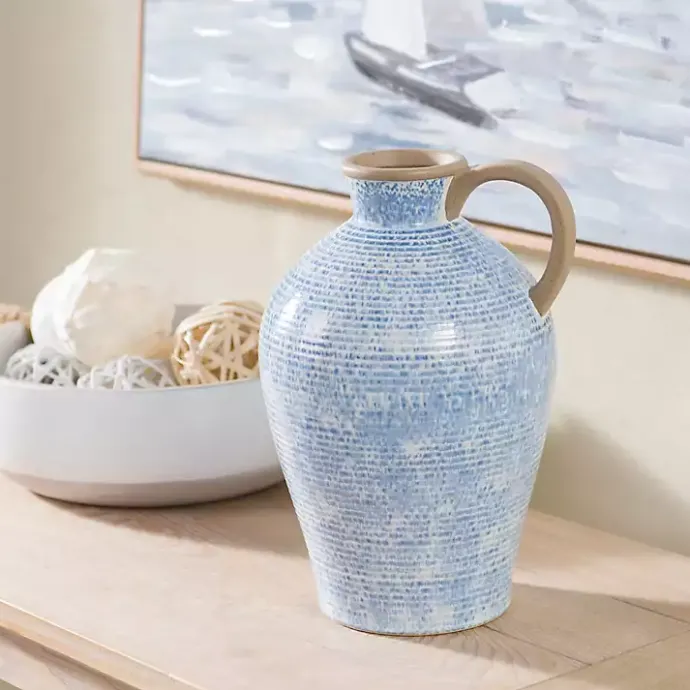 Outlet Kirklands Home Ceramic Textured Lines Vase, 12 in. Blue