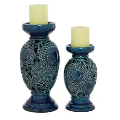 Hot Kirklands Home Ceramic Tiered Base Candle Holders, Set of 2 Blue