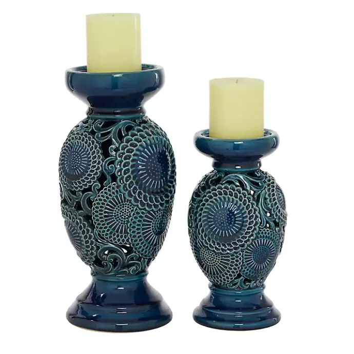 Hot Kirklands Home Ceramic Tiered Base Candle Holders, Set of 2 Blue