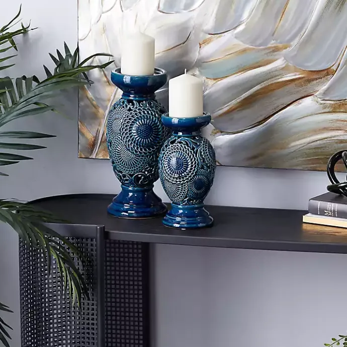 Hot Kirklands Home Ceramic Tiered Base Candle Holders, Set of 2 Blue