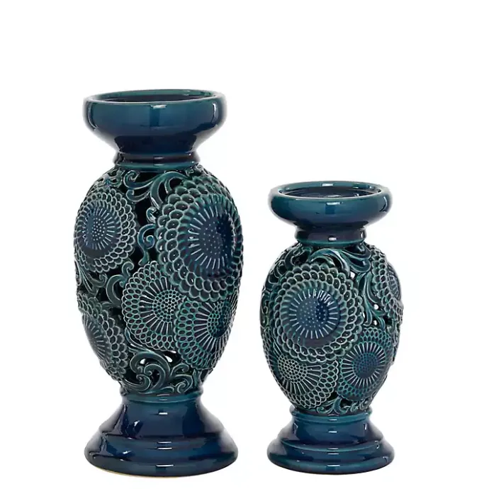 Hot Kirklands Home Ceramic Tiered Base Candle Holders, Set of 2 Blue