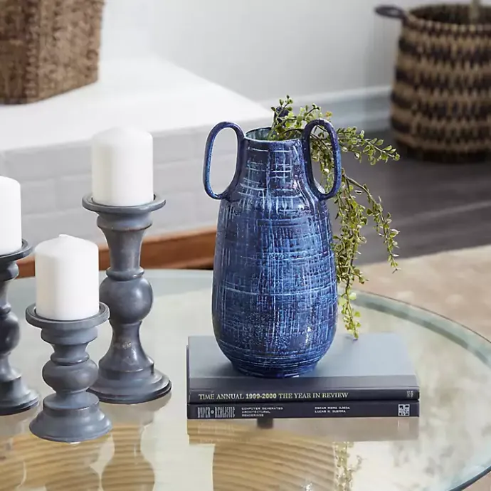 Kirklands Home Crosshatch Triple Handle Ceramic Vase, 13 in. Blue