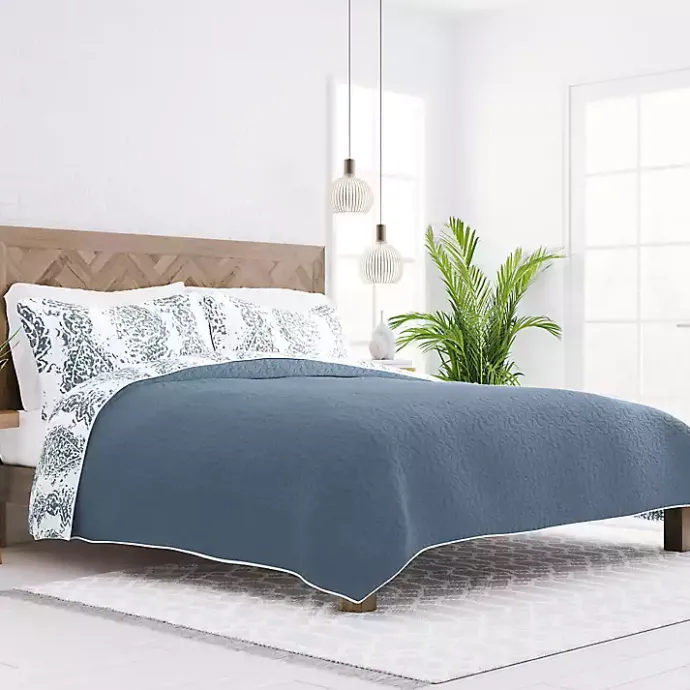 Outlet Kirklands Home Blue Damask Reversible 3-pc. Queen Quilt Set